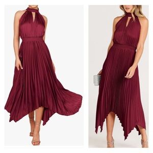 Red Sleeveless Pleated Skirt Asymmetrical Hem Satin Look Midi Dress